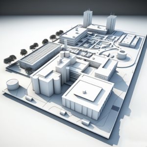 Architekturmodell einer Industrieanlage mit Gebäuden und Straßen, bereit für einen 3D-Rundgang.