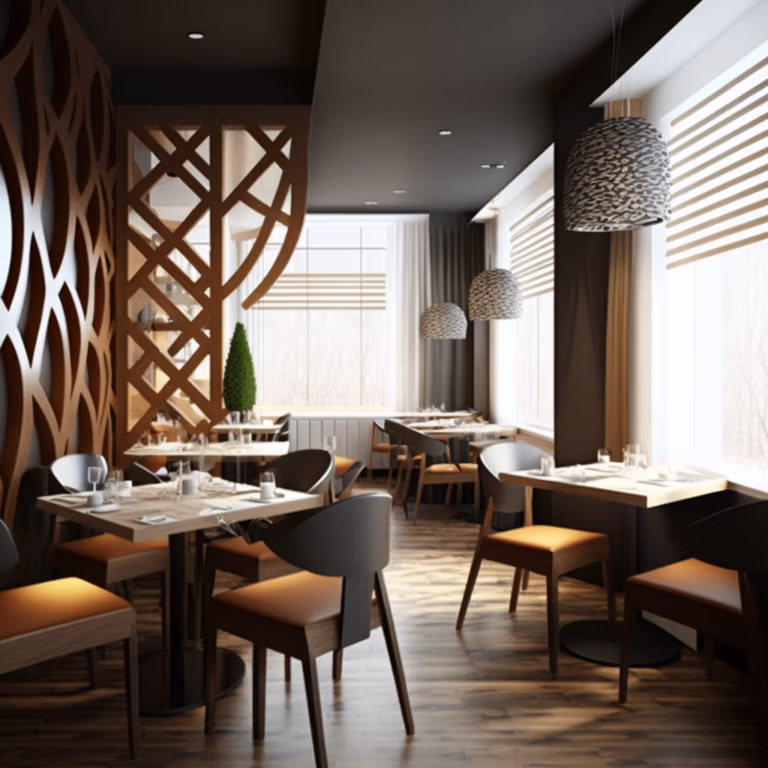 Modernes Restaurantinterieur in Münster mit Holzdekor, gedeckten Tischen und Matterport 3D Rundgang.
