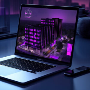 Laptop mit einer Matterport-3D-Darstellung eines modernen Gebäudes mit violetter Beleuchtung bei Nacht.